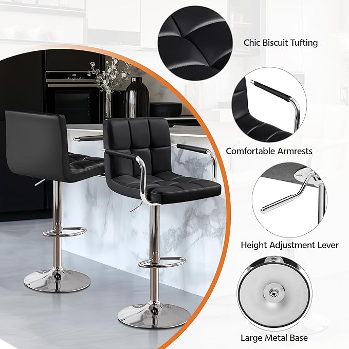 Yaheetech Bar Stools Set of 2, PU Leather Adjustable Swivel Barstools, Hydraulic Kitchen Counter Height Bar Chairs with Armrest and Back for Kitchen, Dining Room, Black