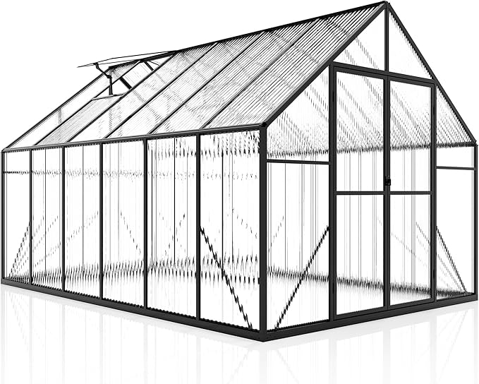 Jocisland 8x11.5x7 FT Polycarbonate Greenhouses for Outdoors, 2 Top-Opening Windows, 2 Swing Doors, Aluminum Walk-in Heavy Duty for Outdoor Use, Backyard Garden, Black