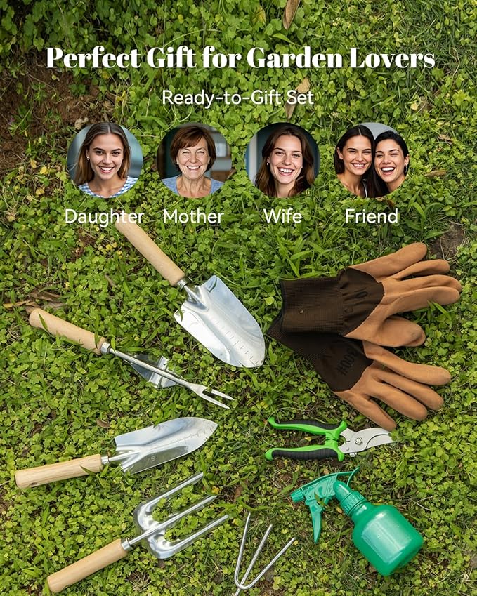 Gardening Tools Set 9-Piece Heavy-Duty Gardening Hand Tools with Floral Tote Bag, Stainless Steel Garden Supplies Kit Ideal Gardening Gifts for Women Mom Wife