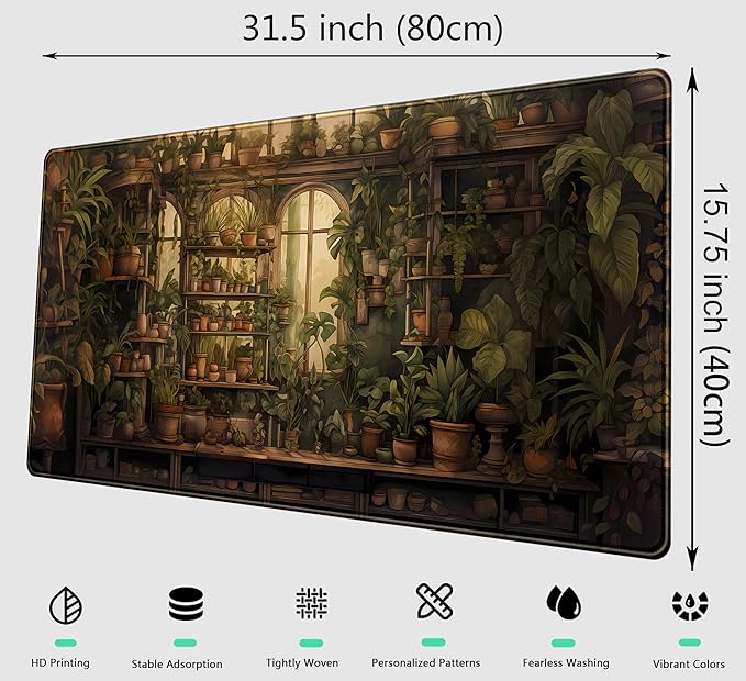 Green Retro Plant Lover Desk Mat Cute Sage Mouse Pad XXL Large Extended Gaming Mousepad Anime Desk Pad 31.5x15.75 in, Aesthetic Desktop Accessories for Women Computer Mat Keyboard and Mouse Mat