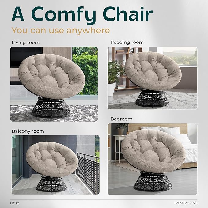 Bme 40" Ergonomic Wicker Papasan Chair with Soft Thick Cushion & Frame, 360° Swivel, Circle, Reading, Comfy Chair for Living Room, Bedroom