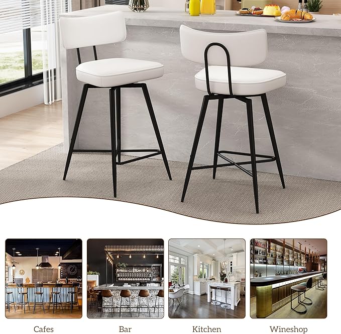 Swivel Counter Height Bar Stools Set of 3, 26 inch White Leather Kitchen Swivel Counter Stools with Backs, Metal Legs and Footrest, Bar Chairs for Kitchen Island