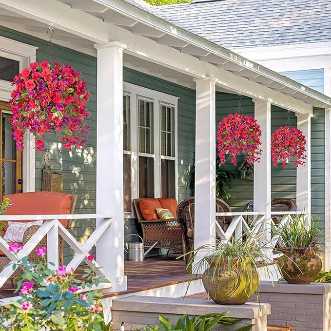 Artificial Fake Hibiscus Hanging Flowers Baskets for Outdoor Decoration, Faux Plants Silk Hibiscus Long Vines in Planter UV Resistant Realistic Flowers for Outside Porch Patio Home Decor, RedPurple