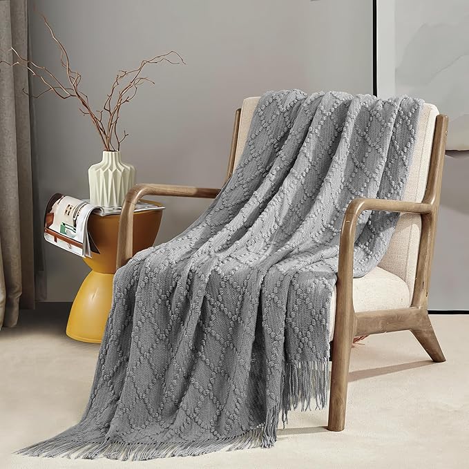 BOURINA Light Grey Throw Blanket 50 x70 Inches Jacquard Argyle Throw Textured Solid Soft Throws and Blankets for Sofa or Bed Knitted Decorative Blanket
