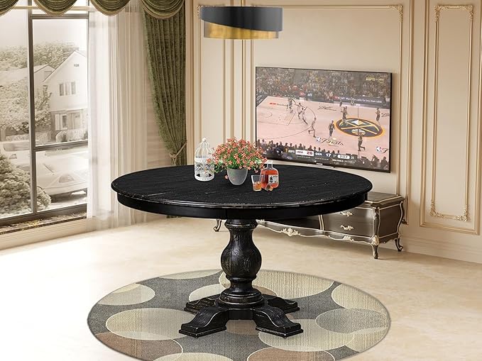 F55-11-TP - Mid Century Dining Table with Acacia Wood Round Tabletop, Sand Blasted Black Finish