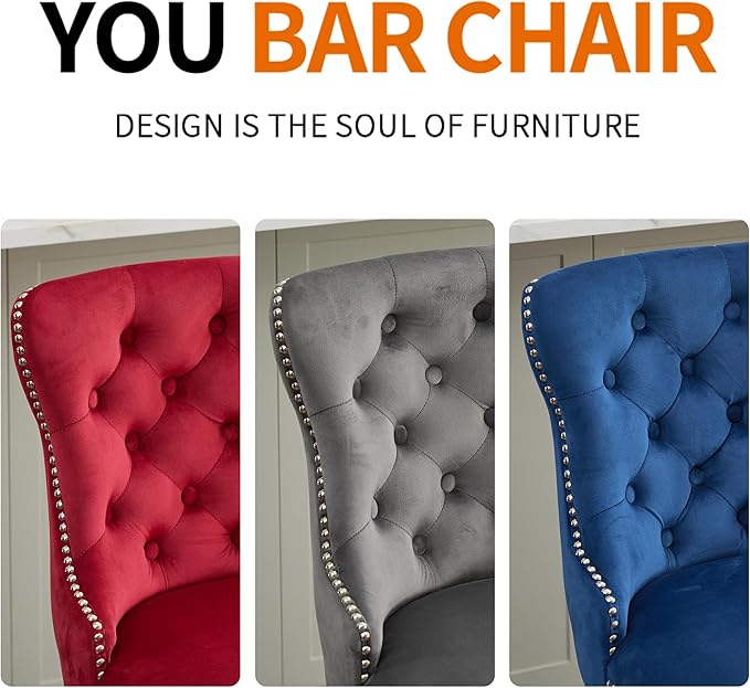 YISHENG Modern Swivel 27" H Seat Set of 4 Velvet Barstools with Backrest and Footrest,Button Tufted Rivet Trim Dining Room Chairs with Metal Pull Ring for Kitchen Island，Bistro, Home Bar，Blue