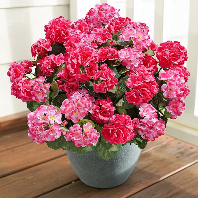 Artificial Geranium Fake Flowers for Outdoors Decoration, 6 Bundles Silk Geraniums Flower UV Resistant Look Real Faux Plants for Front Door Garden Porch Planter Patio Balcony Yard Indoor Home, Mix