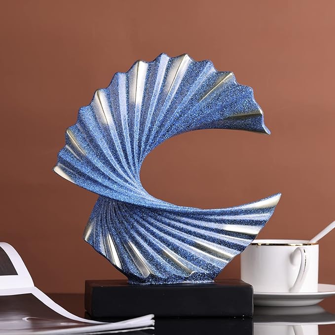 Blue Gold Wave Sculpture, Modern Ocean Wave Home Accents, Resin Art Statue for Shelf, Coffee Table, TV Stand Adornos Modernos