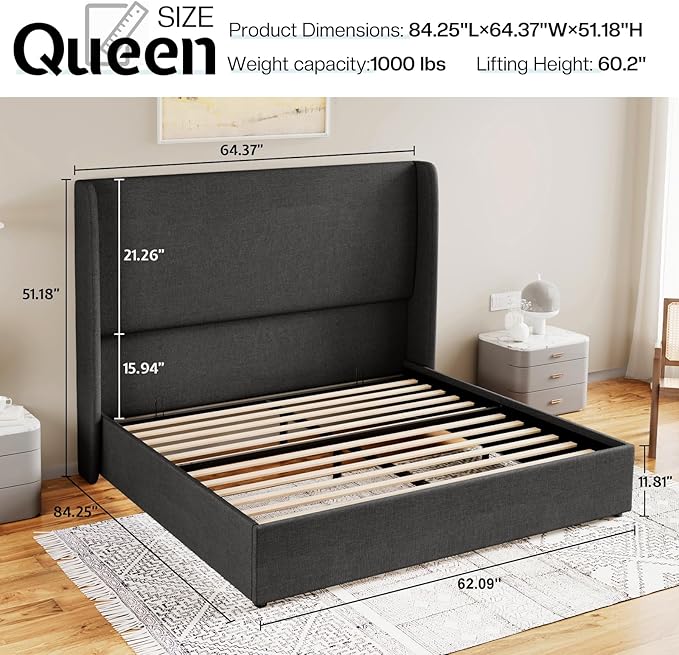 Jocisland Lift Up Storage Bed Queen Size Linen Upholstered Platform Bed Frame/Hydraulic Storage/Modern Wingback Headboard/No Box Spring Needed/Wood Slats Support/Dark Grey