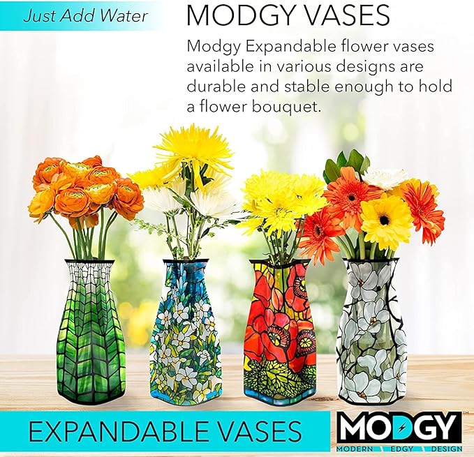 MODGY Expandable Flower Vase Set, Plastic Decorative Modern Foldable Printed Vases for Centerpieces for Wedding, Dining Table, Home Decor, Living Room, Bathroom, Office, Louis C. Tiffany, 4 Pack