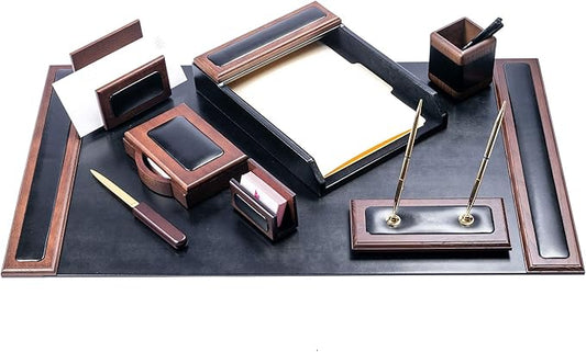 Dacasso Wood & Leather Desk Set - Luxury Leather Desk Pad & Desk Organization Essentials - Office Organization & Executive Desk Decor - (Walnut and Black, 8 Piece)