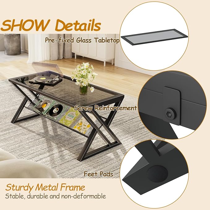 Glass Coffee Table Living Room Table with Storage Shelf, Grey Glass Table Simple Modern Rectangular Tables with Sturdy Black Metal Frame,Industrial Glass Coffee Table for Bedroom Home Office