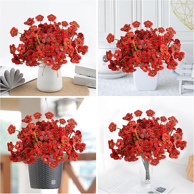 Krissing 48 Bundles Outdoor Artificial Flowers UV Resistant Fake Silk Flowers Faux Plastic Plants Outside Garden Porch Window Box Summer Decoration (Red)