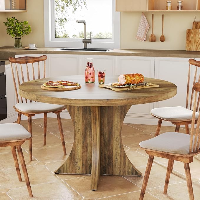 LITTLE TREE Round Dining Table for 4-6, 47.24 Inches Farmhouse Wooden Kitchen Table with Spacious Tabletop for Dining Room, Oak