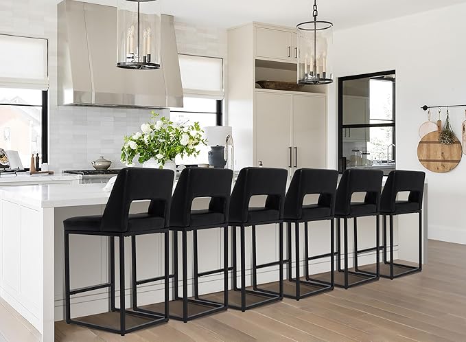 Black Bar Stools Set of 6 for Kitchen Counter Counter Height Modern Bar Chairs with Backs for Kitchen Island with Upholstered Faux Leather Seat and Metal Frame, 26 Inch