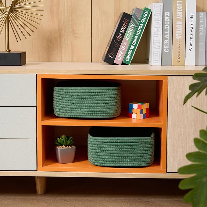 Small Square Shallow Baskets for Organizing, 9.7x9.7x4.3 Inch Rope Woven Storage Bins for Cubes Closet, Shelves Storage, Boho Decorative Basket, 2 Packs Green
