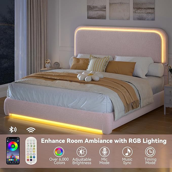 Torana Twin Marshmallow Bed Frame with Headboard and Footboard, Curved Shaped Cloud Upholstered Beds with LED Lights, Teddy Fleece Bedframe with Soft Rounded Corners and Strong Slats Support, Pink