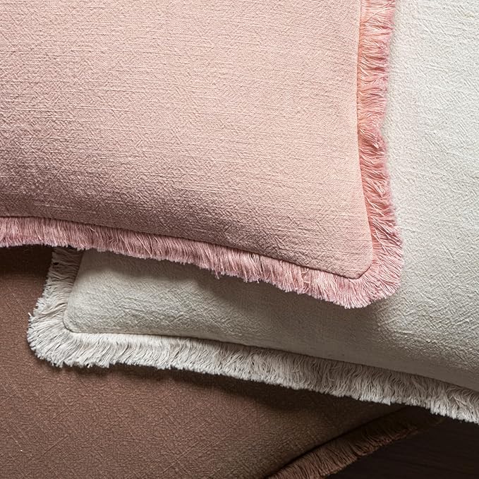 MIULEE Decorative Throw Pillow Covers Neutral Linen Fringe Throw Pillows Set of 2 Pink Boho Farmhouse Cushion Covers with Tassels for Couch Sofa Bed Living Room Spring Home Decor 20x20 Inch