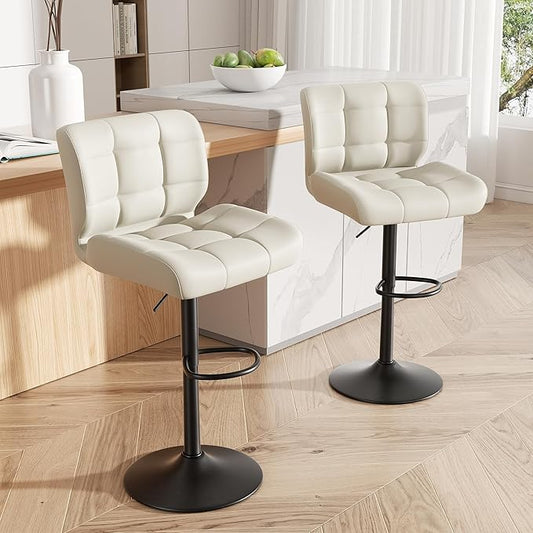 Modern Bar Stools Set of 2, Faux Leather Upholstered Swivel Bar Stools, Adjustable Counter Height Bar Chairs with High Back and Footrest for Kitchen Island (Beige)
