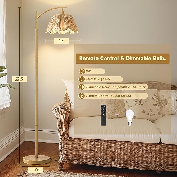 Oneach Arc Floor Lamp for Living Room with 3 Color Temperatures, Rattan Boho Floor Lamp with Remote & Dimmable Bulb, Farmhouse Floor Lamps Suitable for Bedroom, Study(Light Woodgrain)