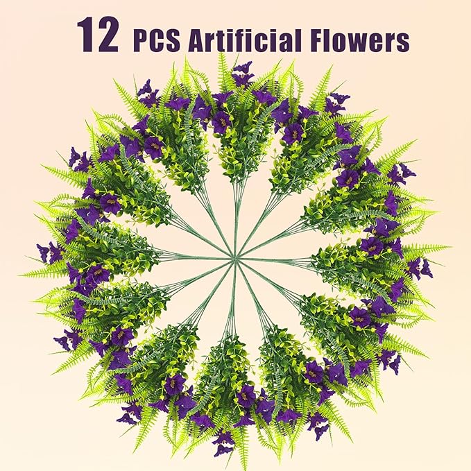 Artificial Flowers Outdoors 12 Bundles Artificial Petunias Fake Flowers UV Resistant Shrubs Plants with Fern for Indoor Outside Hanging Planters Home Garden Summer Decorations (Purple)