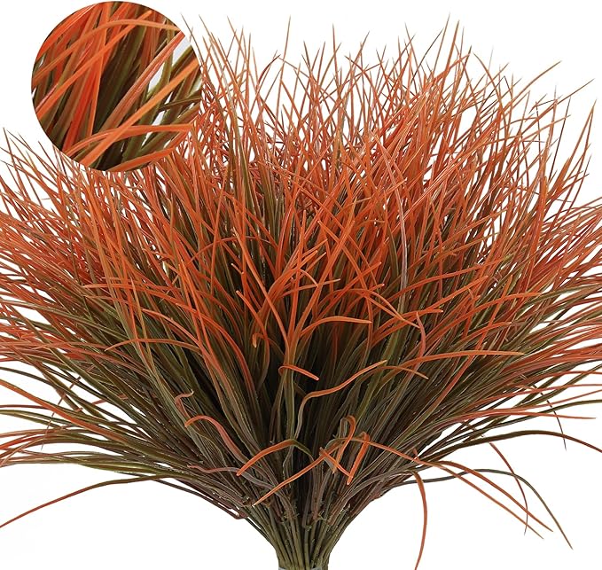 Artificial Fall Plants for Outdoors,Fake Grass Plant,Fall Leaf Stems,UV Resistant Greenery Fake Bushes Artificial Shrubs Wheat Grass Greenery Burnt Orange Plant Filler for Autumn House (Orange)