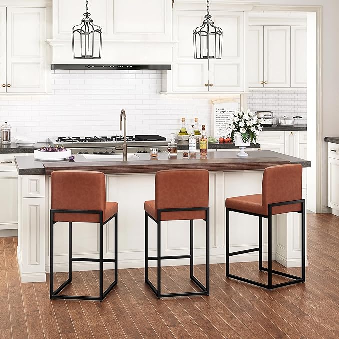 PHI VILLA Bar Stools Set of 3 - Counter Height Bar Stool Leather Stools for Kitchen Counter, Brown Bar Stools with Back