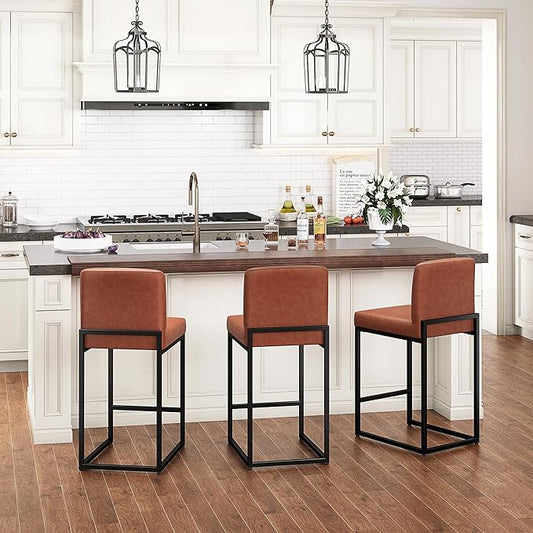 PHI VILLA Bar Stools Set of 3 - Counter Height Bar Stool Leather Stools for Kitchen Counter, Brown Bar Stools with Back