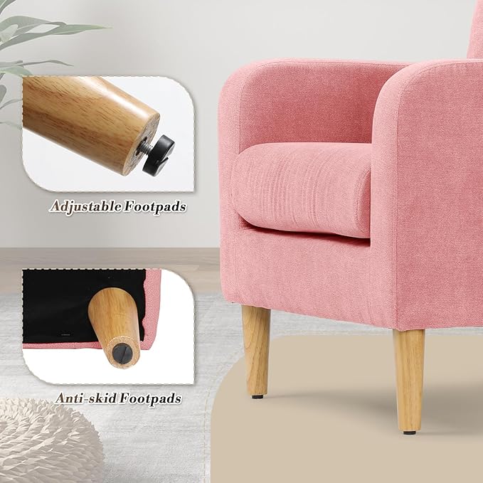 Athena Collection Modern Accent Chair with Cushion, Comfy Upholstered Fabric Reading Chair for Adult, Soft Sofa Armchair for Living Room, Bedroom, Dorm, Pink