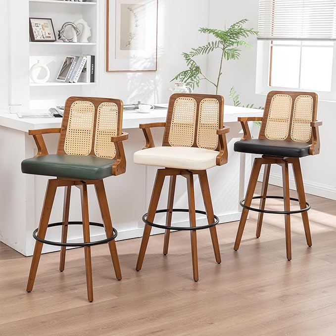 Set of 2 Bar Height Bar Stools - 30 inch Walnut Bar Stools with Cane Back, Upholstered Seat, Curved Arms, Faux Leather, Swivel BarStools for Bar/Pub/Island/Cafe (30" Seat Height, Brown)