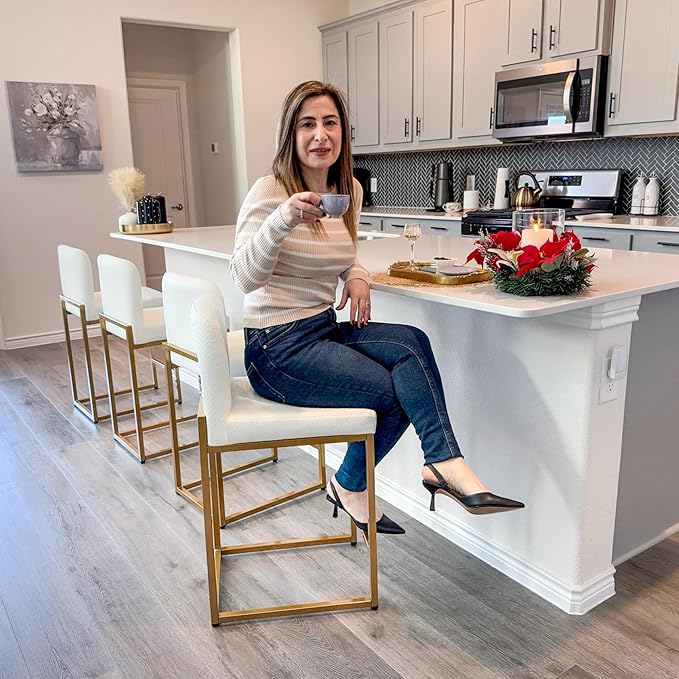 ALPHA HOME 24” Bar Stools Set of 3 Counter Height Bar Stool Pu Leather Kitchen Modern Bar Stools with Backrest Upholstered Footrest Sturdy Chromed Metal Steel Frame, Off-White