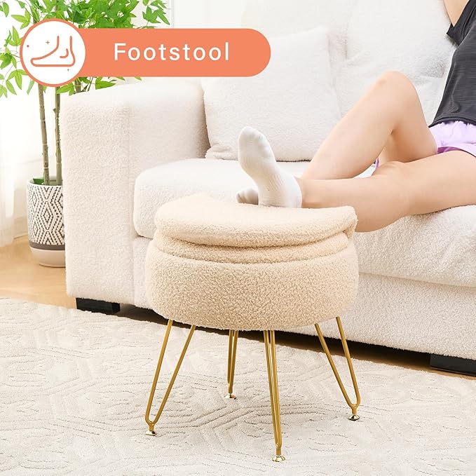 Ottoman Teddy Velvet Vanity Stool Chair with Folding Back Multifunctional Upholstered Makeup Chair, 4 Metal Legs with Anti-Slip Feet for Bedroom Living Room Entryway