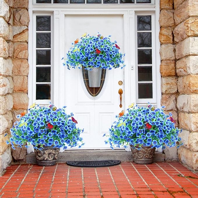 ‌20 Bundles Artificial Flowers for Outdoors‌ with 6 Faux Butterflies, UV Resistant ‌Fake Flowers‌ with Eucalyptus Leaves, ‌Artificial Plants Outdoor‌ for Patio Garden Porch Home Decor (Blue)