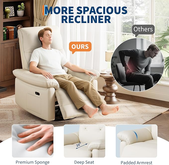 GarveeHome Recliner Chair, 360° Swivel Rocker Glider Nursery Chair with Padded Armrest and Deep Seat, PU Leather Upholstered Reclining Sofa Chair for Living Room, Bedroom and Nursery (Cream)