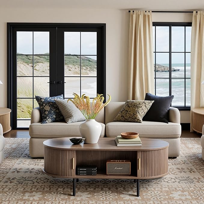 Mid Century Modern Coffee Table, 47.2" Oval Fluted Coffee Table with Storage and Sliding Doors, Minimalist Tea Table with Wood Grain Veneer, Retro Center Tables for Living Room, Walnut