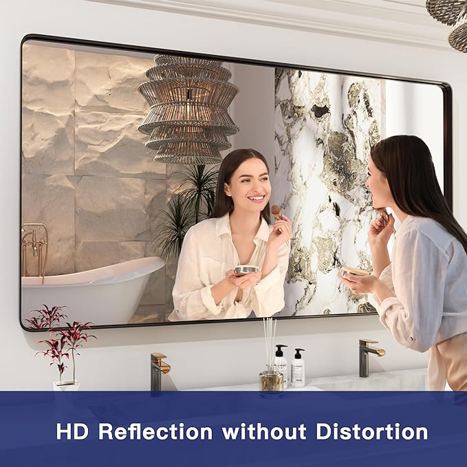 ISKM Large Black Framed Mirror for Bathroom 60" x 36" Wall Mounted Mirror Black Metal Framed Bathroom Mirror for Wall Round Corner Hangs Horizontal Or Vertical