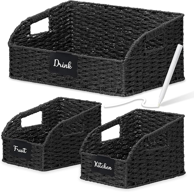 Wicker Baskets for Organizing,Pantry, Kitchen Counter with Handles, Handwoven Woven Storage Baskets for Fruit, Bread, Vegetable, Paper Storage Bins for Shelves, 3 Pack, Black