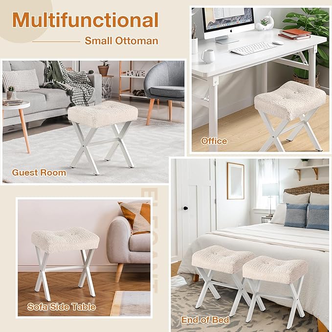 18-Inch Vanity Stool Chair, Vanity Bench with Metal X-Legs, Ottoman Accent Stool with Breathable and Soft Boucle Fabric Saddle Seat, Beige