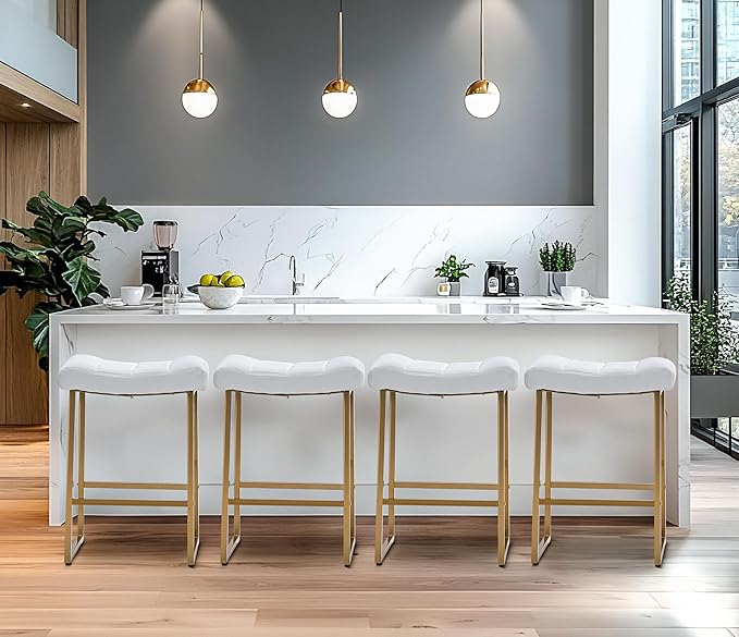 White & Gold Counter Height Bar Stools Set of 6 for Kitchen Counter Modern Backless Barstools with Upholstered Faux Leather Seat and Metal Frame Industrial 24 inch Bar Chairs