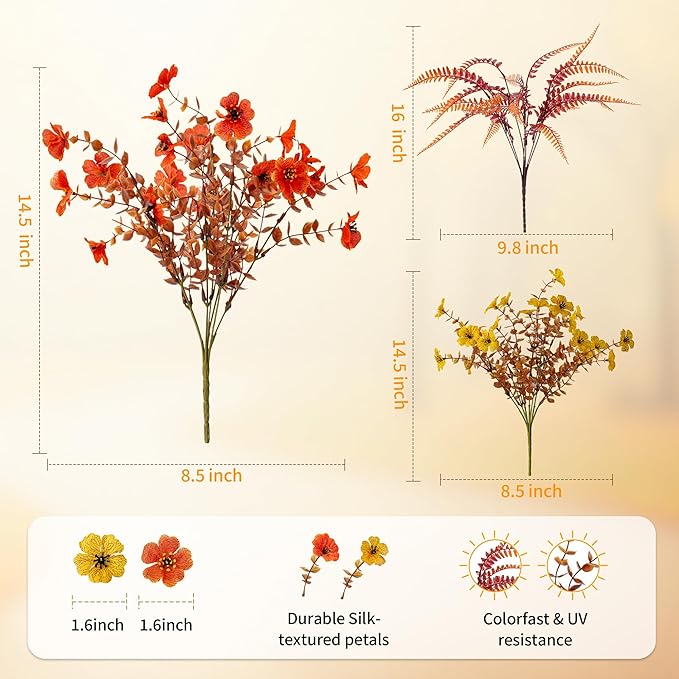 Artificial Mums Fall Fake Flowers for Outdoors, 12 Bundles Faux Mums for Outdoor Planters Decorations,UV Resistant Silk Flowers Plastic Plants for Front Porch Garden Patio (B-Orange Yellow Fern)