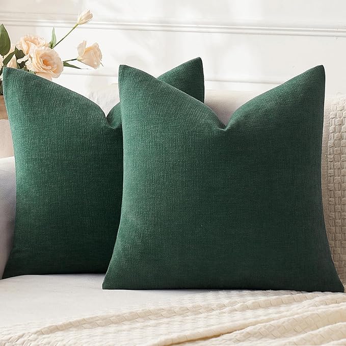 MIULEE Dark Green Couch Pillow Covers 16x16 Inch, Set of 2 Soft Chenille Decorative Square Throw Pillow Covers Christmas Farmhouse for Sofa Living Room Bed