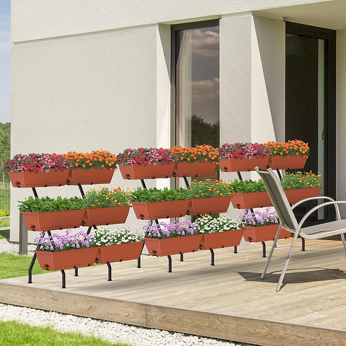 HEOMU 3 Tier Vertical Garden Planter with 6 Boxes, Vertical Raised Garden Bed with Adjustable Feet Pads, Raised Planter for Herb Flower Vegetable Plants in Patio Balcony Deck Indoor Outdoor, Brick Red