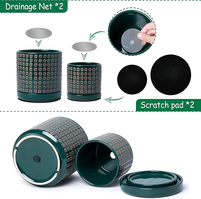 D'vine Dev Set of 2 Ceramic Planter Pots with Drainage Hole and Saucer, 4.5 Inch 6 Inch Plant Pots for Plants Indoor Houseplants, Green, 99-A-4