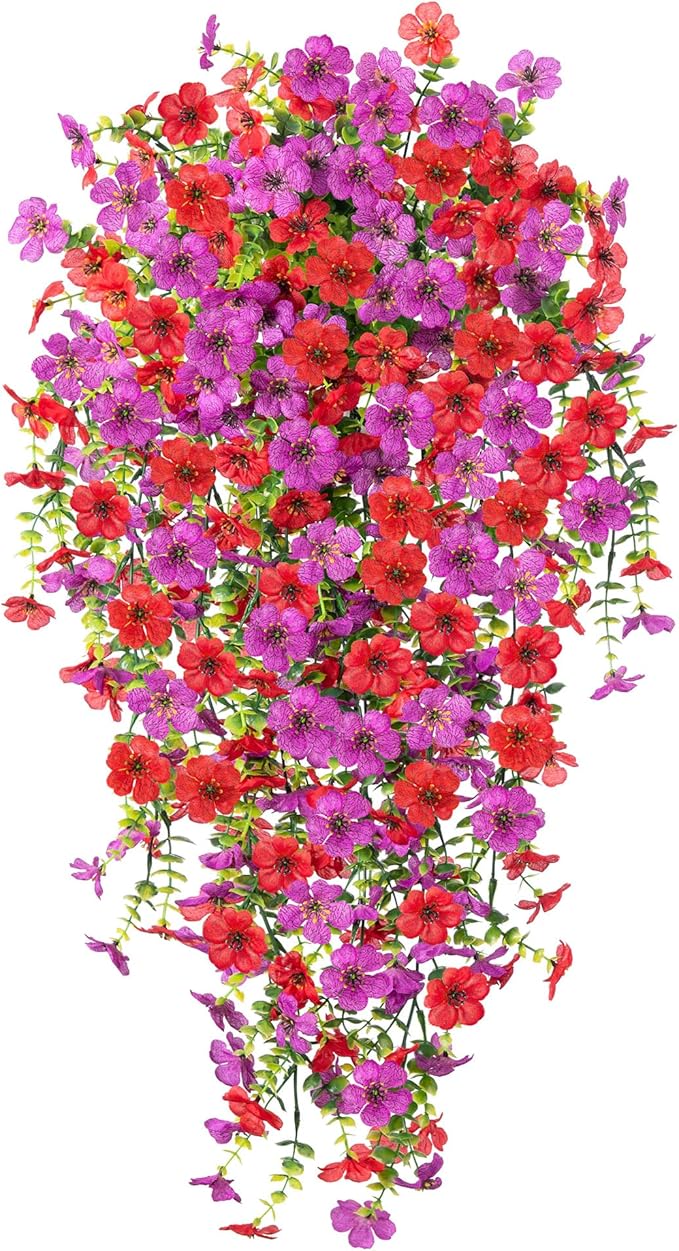 Artificial Hanging Flowers for Outdoors Faux Plants Decoration, 2 Packs Fake Silk Daisy Flower Realistic Outdoor Flowers UV Resistant Porch Patio Window Yard Outside Decor(Red Purple)