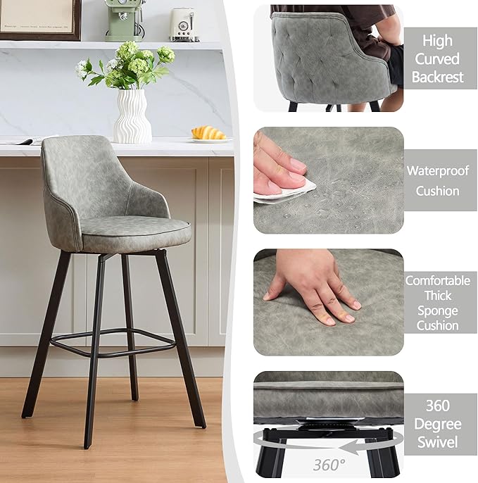 Bar Stools Set of 4, 30" Swivel Bar Height Bar stools with High Back, Faux Leather Kitchen Barstools Bar Height for Kitchen Island (Light Grey, 4PCS 30" Bar Stools)