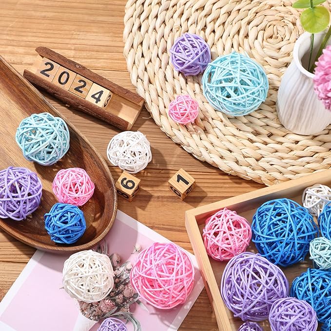 Patelai 36 Pcs Wicker Rattan Balls Decorative Balls for Vase Centerpiece Bowls Orbs Filler for Home Decor,4 Sizes(White, Pink, Green, Grey, Blue)