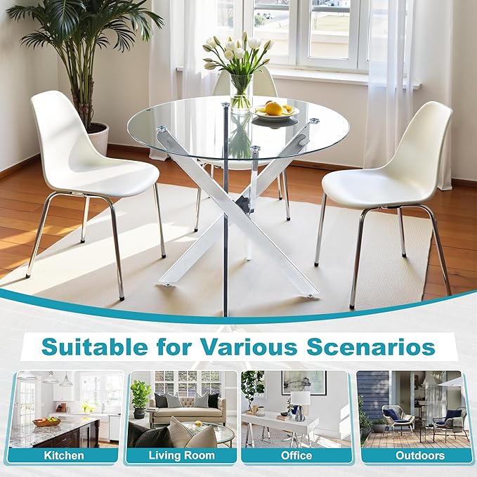 Dining Table for 4 Modern Round Dining Table 35.43" Kitchen & Dining Room Tables with Metal Legs and Glass Tabletop for Dining Room and Apartment, Chrome