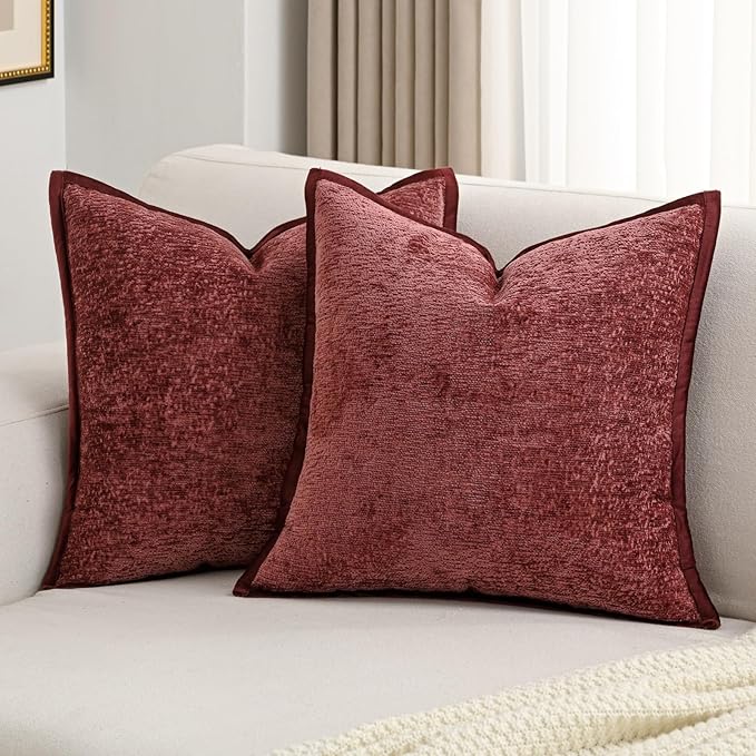 FUTEI Burgundy Chenille Throw Pillow Covers 20x20 Inch Set of 2,Soft Cozy Bound Edge Design Cushion Case,Home Decor for Couch Bed Living Room