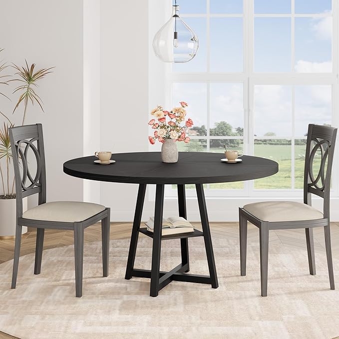 GAOMON Industrial Round Dining Table, 47 Inch Round Kitchen Table for 4, Dinner Table with Wooden Top and Metal Base for Dining Room, Living Room (Black, 47.2 in w/Storage)