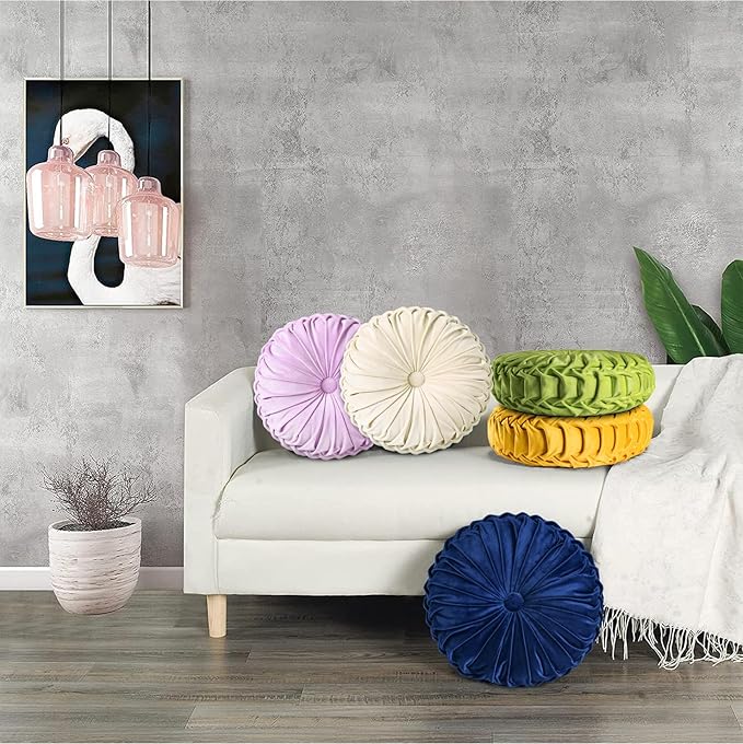 HIG Set of 2 Decorative Round Pleated Throw Pillows,Classy Accent Pumpkin Throw Pillows with Center Button,Vintage Velvet Floor Pillows for Sofa Vanity Chair Bed,Apple Green,14.5" Diameter(Ripple)